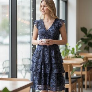 Lulu's Midnight Blue Floral Lace Dress